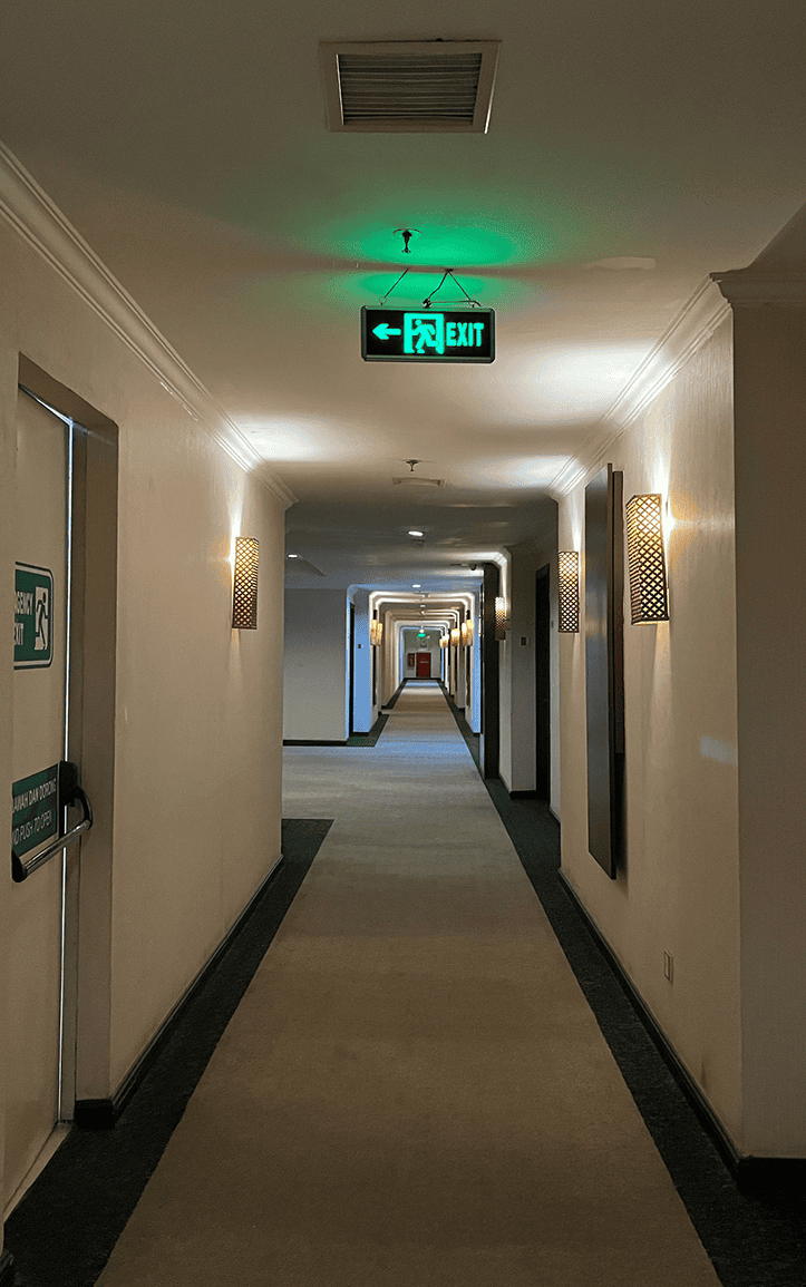 Fire safety signage in hallway